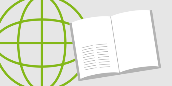 News-Icon Buch und Weltkugel Icon einer angedeuteten Weltkugel mit geöffnetem Projekt-Buch